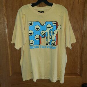 MTV Women's Graphic T-Shirt Yellow Smiley Faces Distressed Ripped Size L NWT